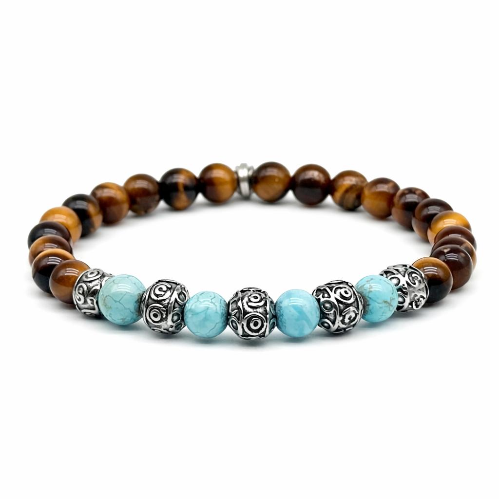 BRACCIALE OCCHIO DI TIGRE E TURCHESE CON SFERE LAVORATE BRACCIALE OCCHIO DI TIGRE E TURCHESE CON SFERE LAVORATE